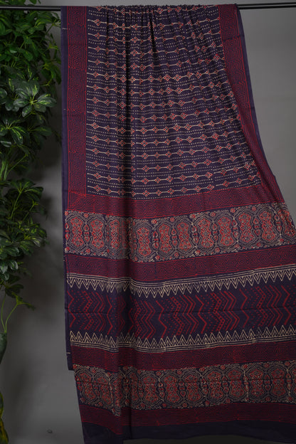 Violet Bagru Handblock printed MulMul cotton saree | Looms & Tassels