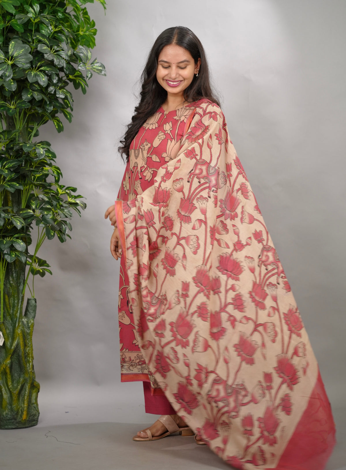 Pink Pichwai Kalamkari Kota Cotton 3 piece suit set (stitched) | Looms & Tassels