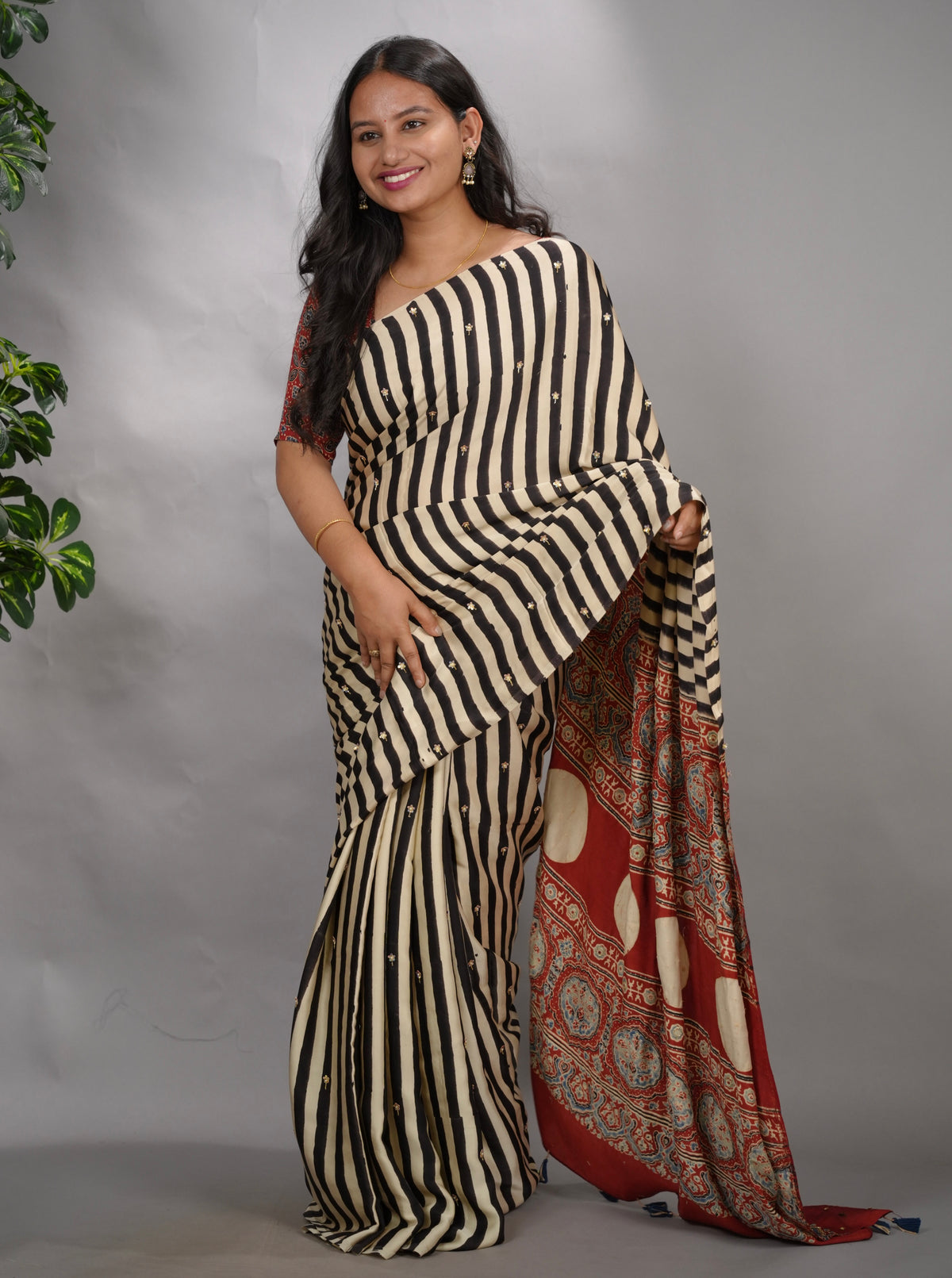 Cream Ajrakh Modal Silk Hand Embroidery Saree | Looms & Tassels
