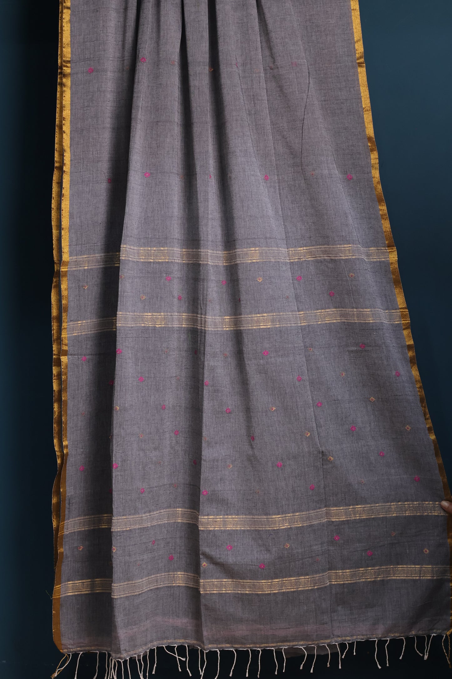 Grey Pure Handwoven Mercerised Cotton Saree with Mina Jari Butta Weav