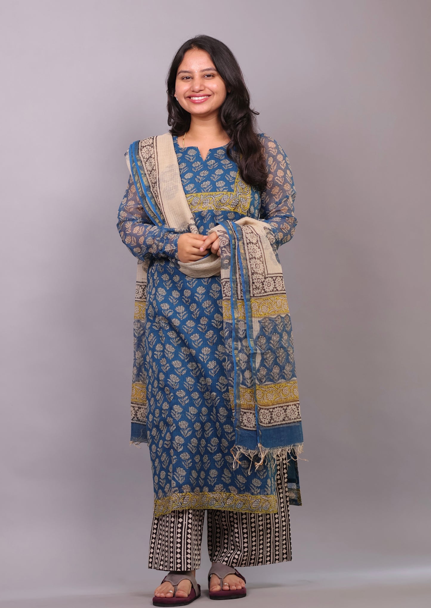 Cyan Blue Handblock printed kota 3 piece suit with chudi sleeves (stitched)