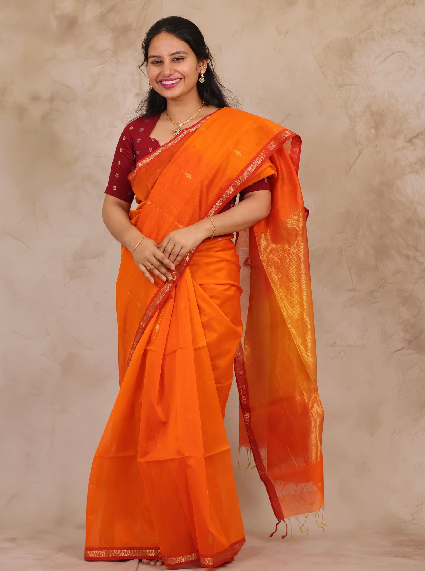 Orange Handloom Maheswari Silk Cotton Sarees | Looms & Tassels