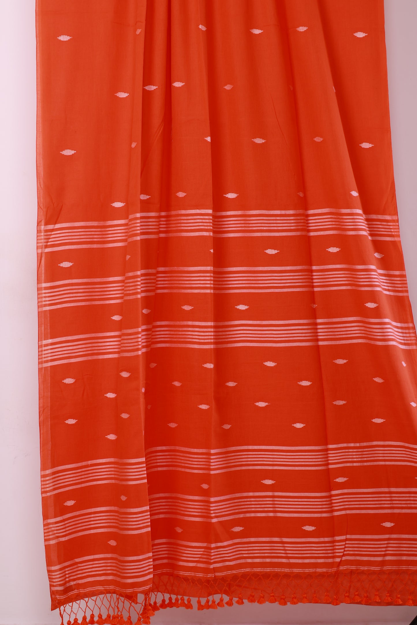 Orange Pure Handwoven Malai Cotton Saree with Butta Weaving