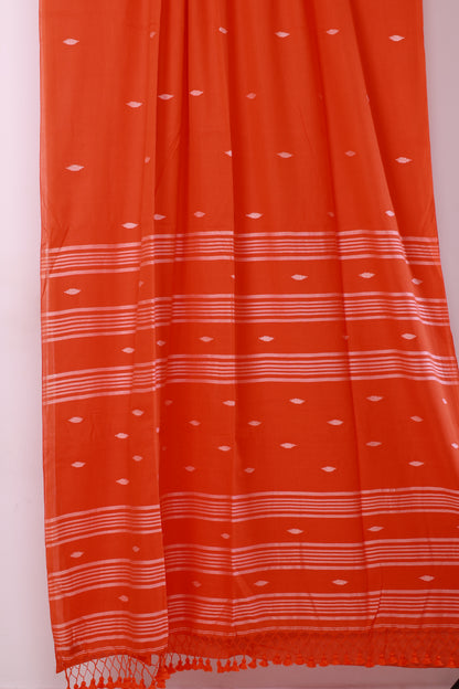 Orange Pure Handwoven Malai Cotton Saree with Butta Weaving
