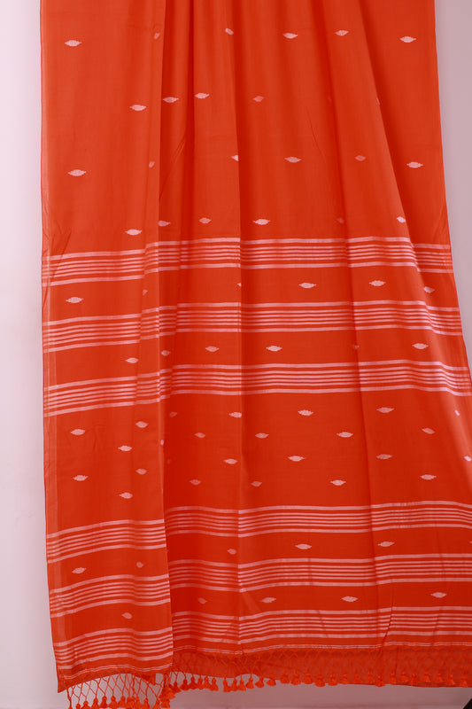 Orange Pure Handwoven Malai Cotton Saree with Butta Weaving