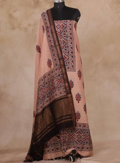 Maheswari Silk Cotton Ajrakh Handblock Printed 2 Piece Suit Set | Looms & Tassels