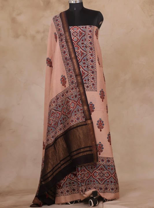 Maheswari Silk Cotton Ajrakh Handblock Printed 2 Piece Suit Set | Looms & Tassels