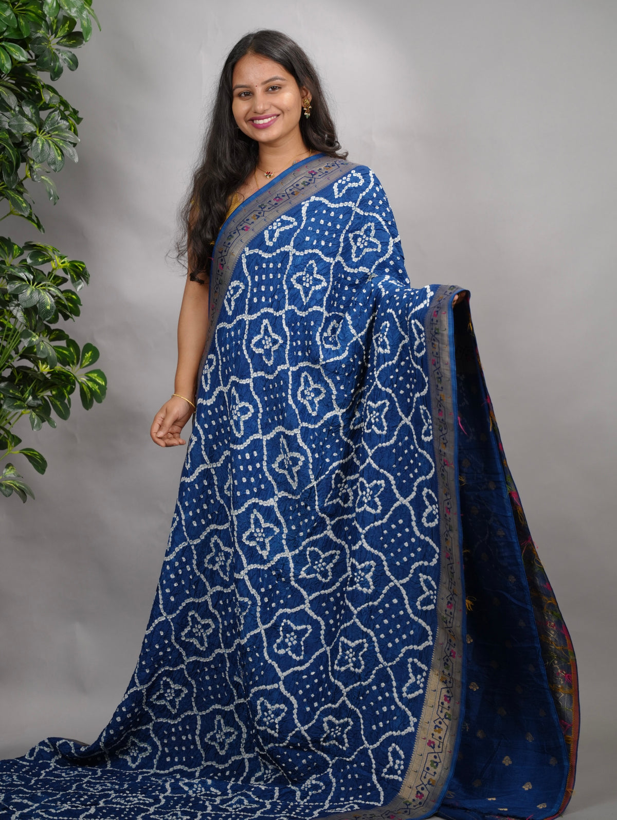 Blue Handcrafted  Pattern Bandhani Paithani Dola Silk Saree | Looms & Tassels