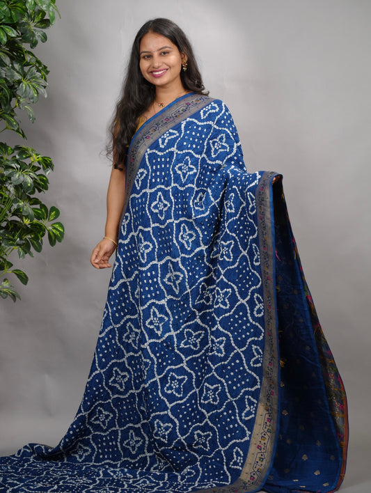 Blue Handcrafted  Pattern Bandhani Paithani Dola Silk Saree | Looms & Tassels