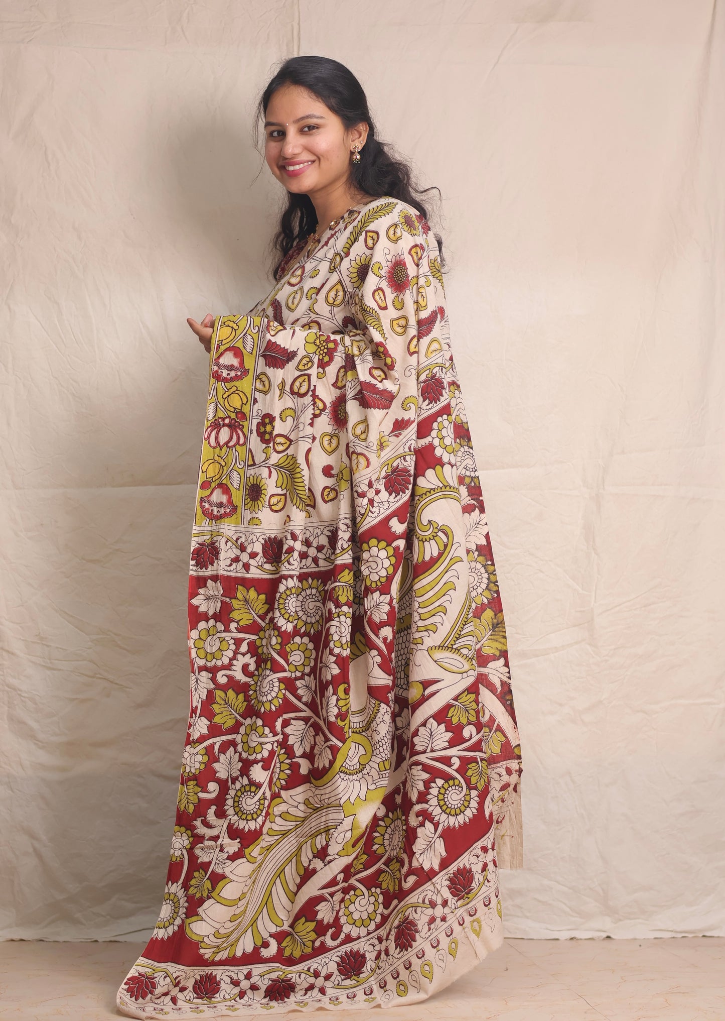 Cream Kalamkari Cotton Saree