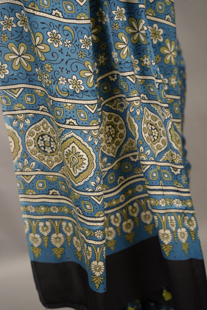 Blue Authentic Ajrakh Handblock Printed Modal Silk Saree | Looms & Tassels