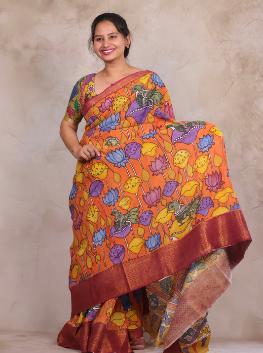 Hand Drawn Pen Kalamkari Orange And Marron Red Bangalore Silk Kanchi Border Saree | Looms & Tassels