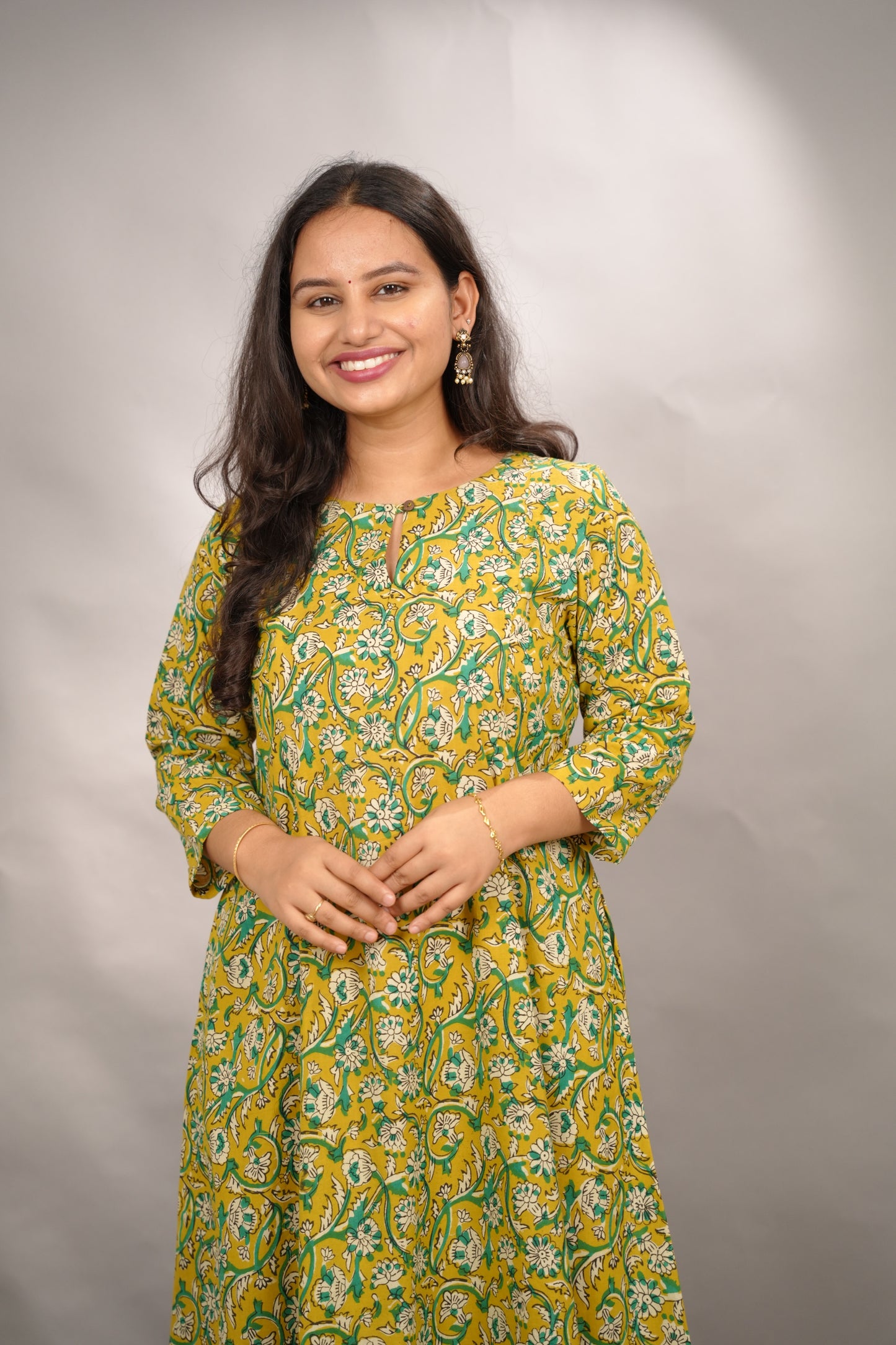 Mustard Yellow Pure Mul Cotton Kali Kurta  | Looms & Tassels