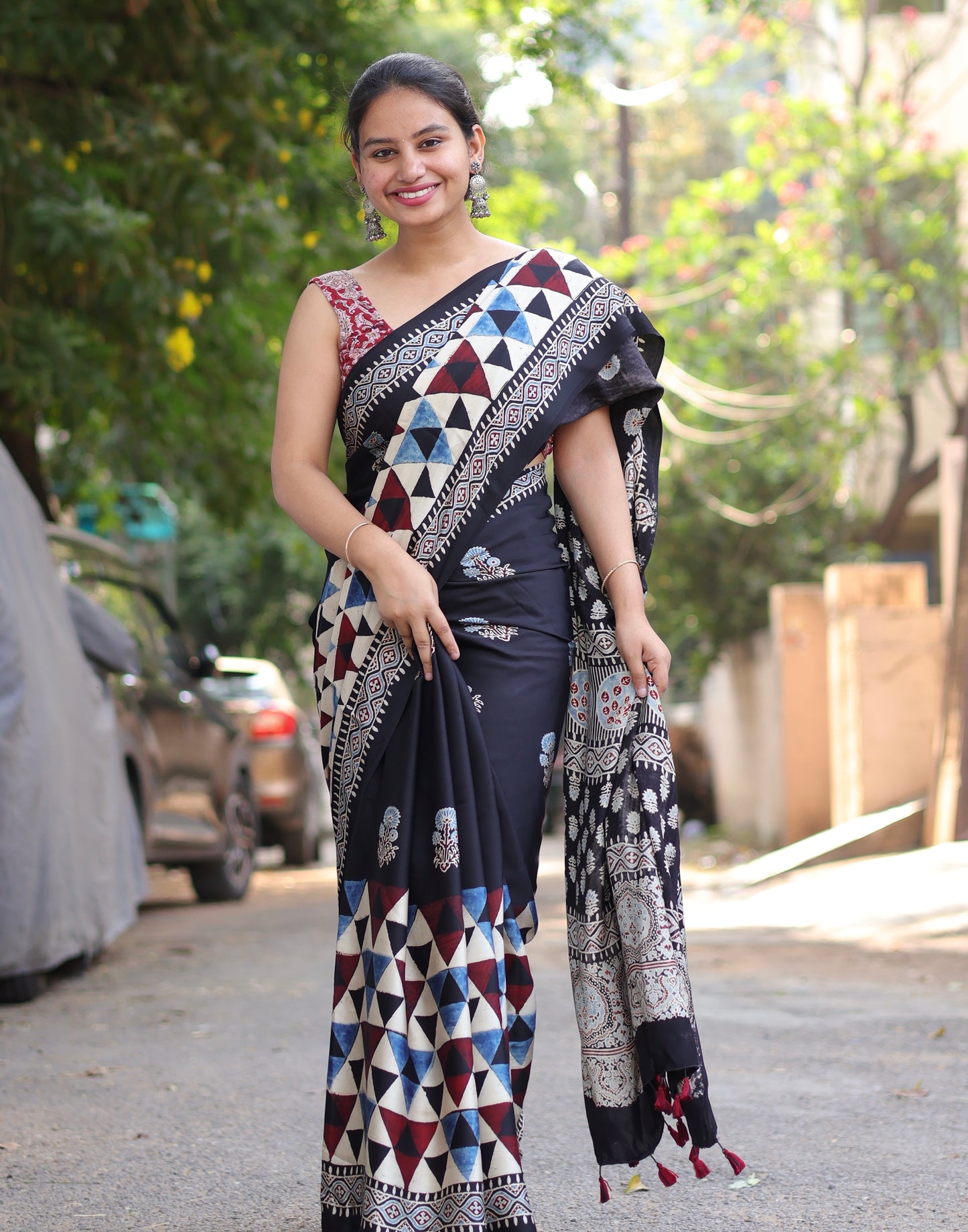 Black Geometrical & Floral Ajrakh Handblock Printed Modal Silk Saree | Looms & Tassels