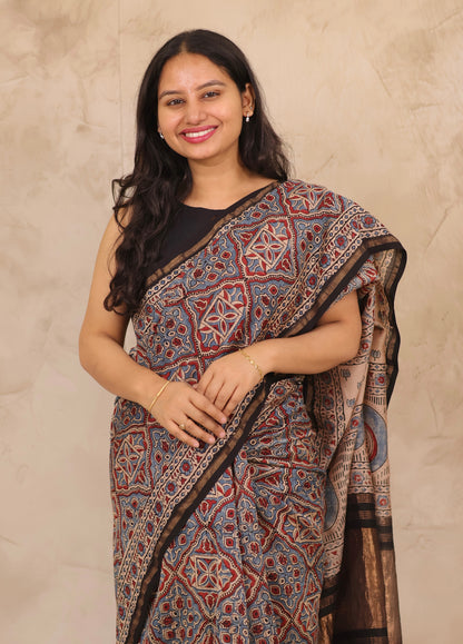 Maheswari Silk Cotton Ajrakh Handblock Printed Saree | Looms & Tassels
