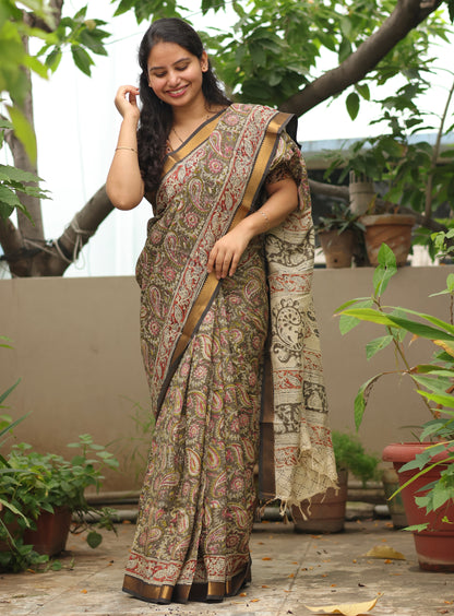 Grey Hand Block Printed Kalamkari Nizam Border Silk Sare