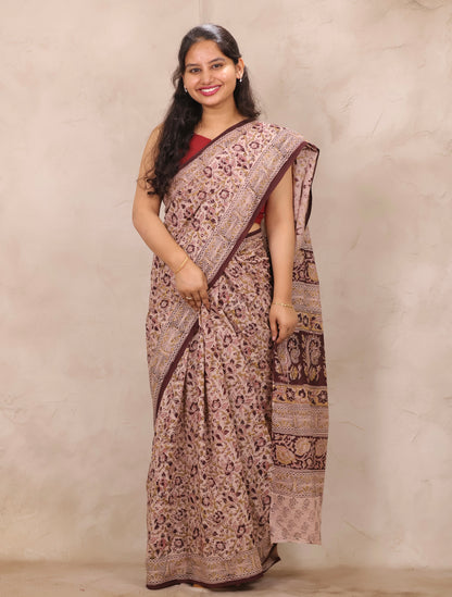 Cream Hand Block Printed Kalamkari Cotton Saree | Looms & Tassels