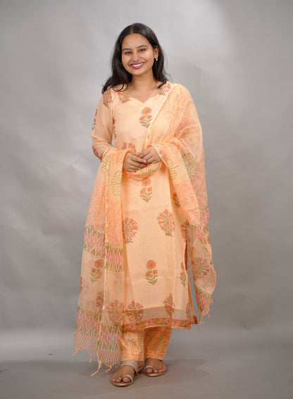 Pastel Handblock printed kota 3 piece suit (stitched)| Looms & Tassels