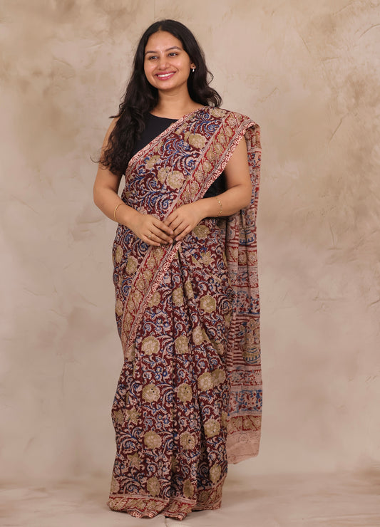 Hand Block Printed Kalamkari Chennur Silk Saree