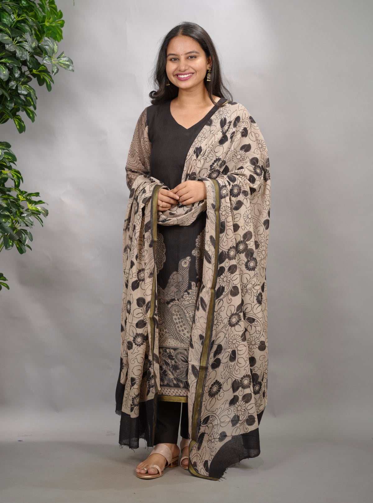 Black Kalamkari Kota Cotton 3 piece suit (stitched) | Looms & Tassels