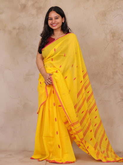 Yellow Handwoven Malai Cotton Saree| Looms & Tassels
