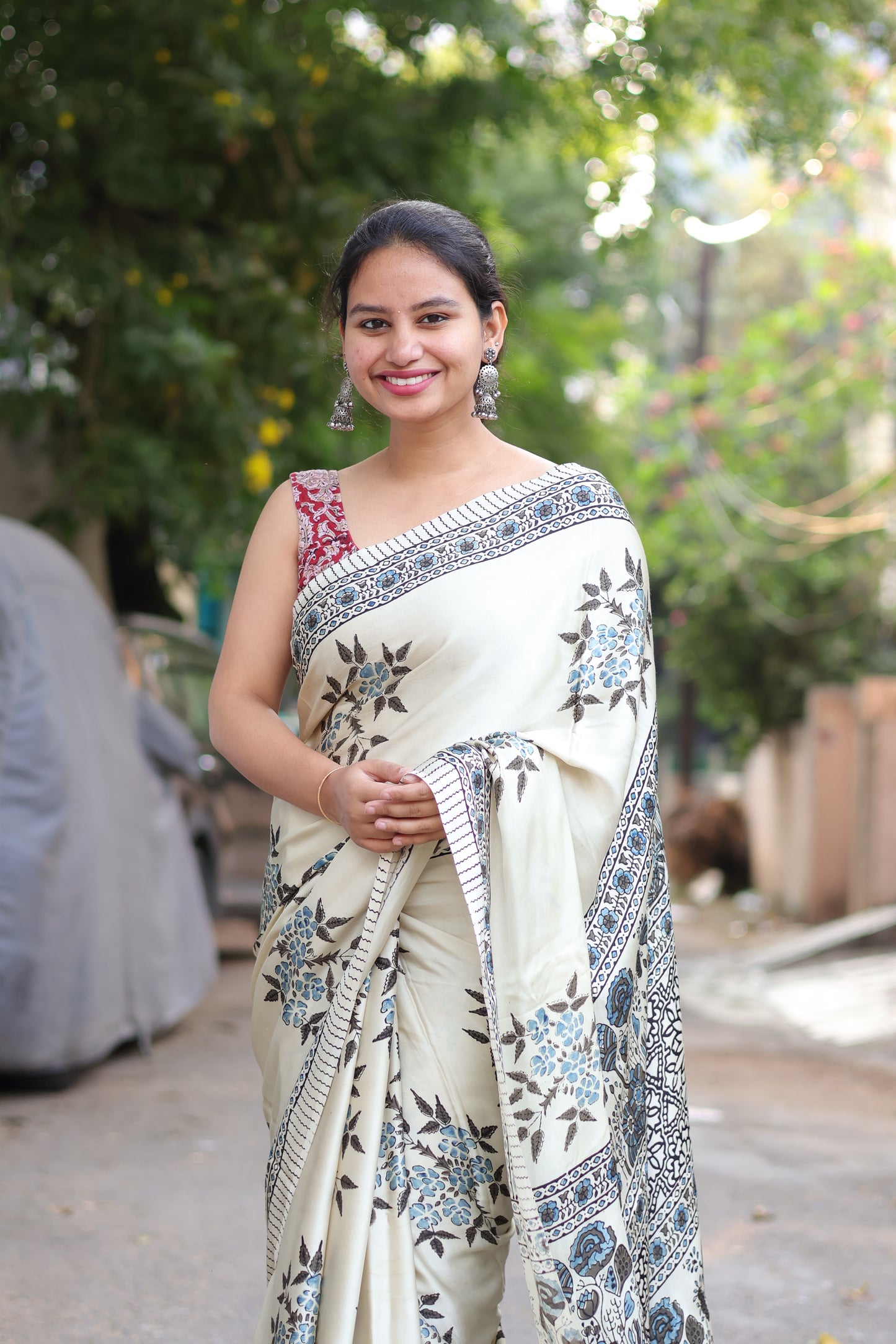 Cream Ajrakh Modal Silk Saree