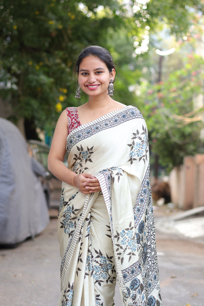 Cream Ajrakh Modal Silk Saree