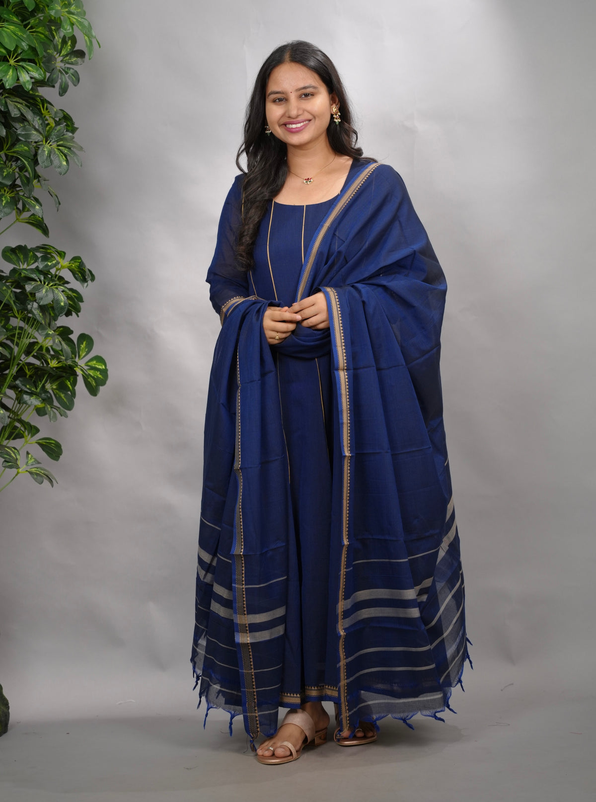Blue Narayanpet Cotton Anarkali Dress with Narayanpet Dupatta | Looms & Tassels