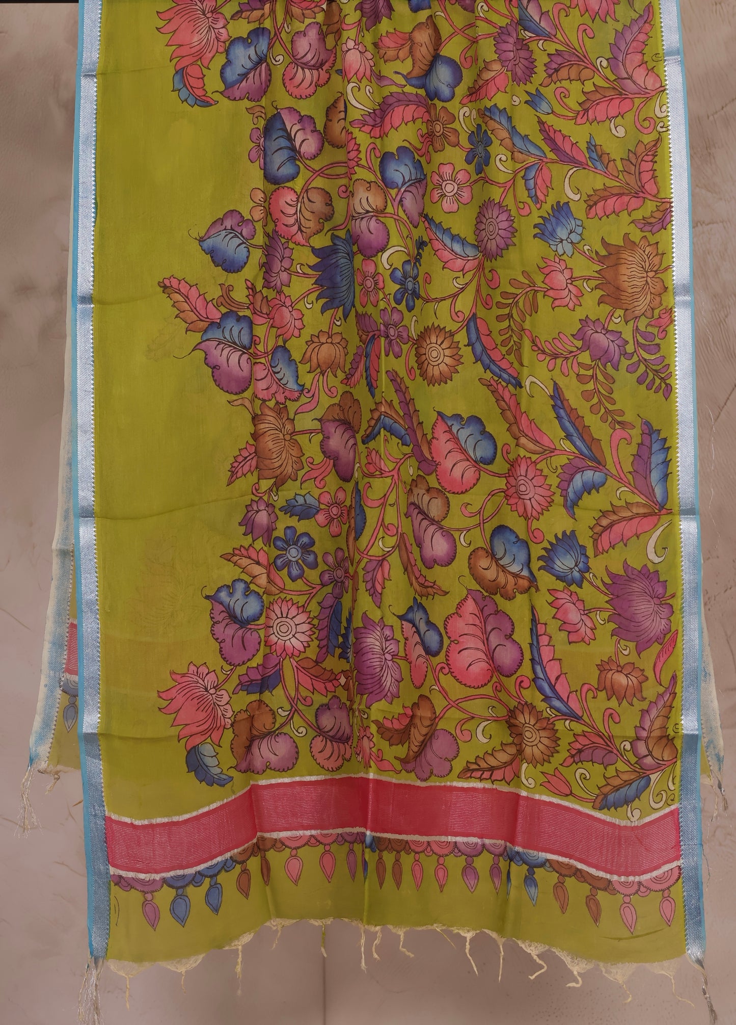 Parrot Green Pen Kalamkari Mangalagiri silk Dupatta