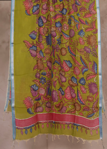 Parrot Green Pen Kalamkari Mangalagiri silk Dupatta