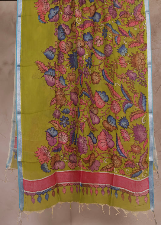 Parrot Green Pen Kalamkari Mangalagiri silk Dupatta