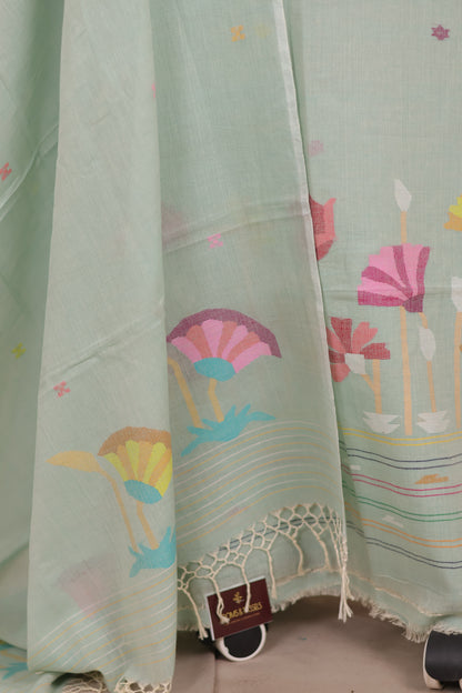 Pastel Green Handwoven Jamdhani weaving pure Malai cotton 2 piece suit sets | Looms & Tassels