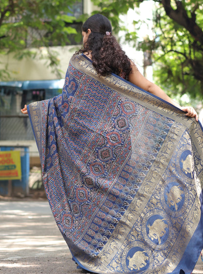 Indigo Ajrakh Dola Silk Saree