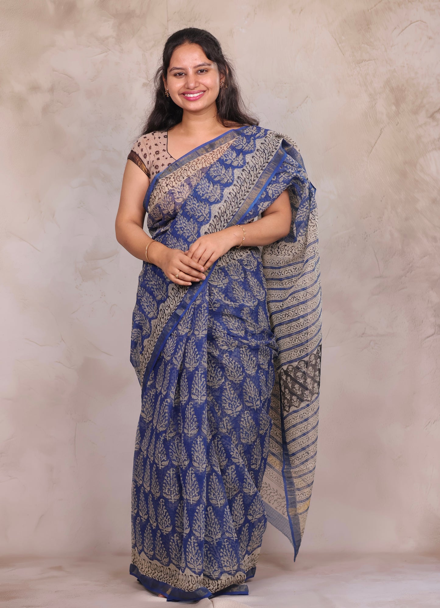 Blue Pure Kota Doria Saree with Bagru Handblock Prints | Looms & Tassels