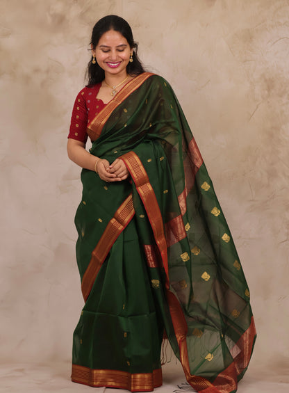 Green Handloom Maheswari Silk Cotton Sarees | Looms & Tassels