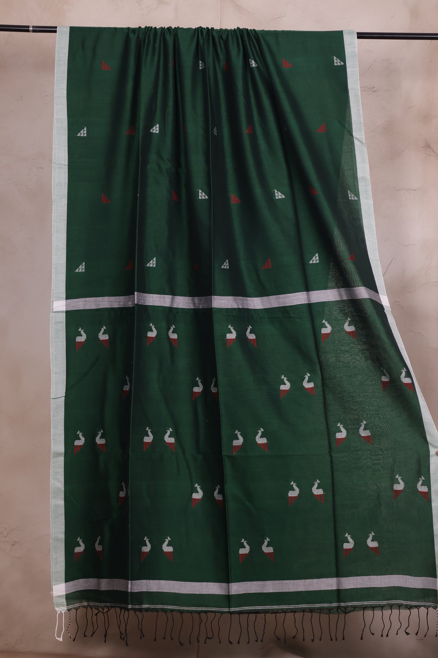 Green Malai Cotton Saree with Peacock Butta Weaving | Looms & Tassels