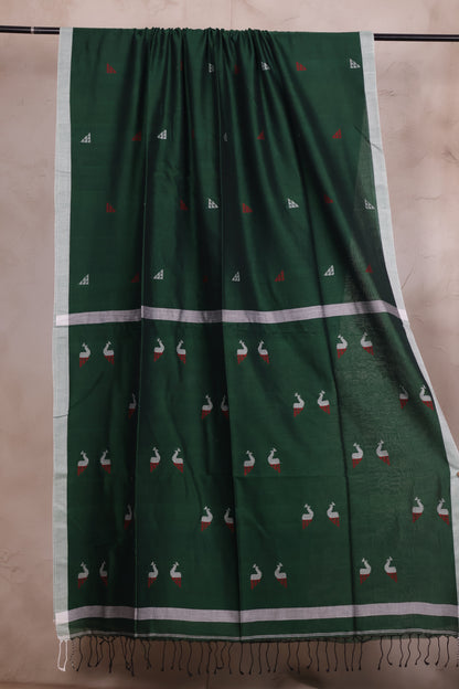 Green Malai Cotton Saree with Peacock Butta Weaving | Looms & Tassels