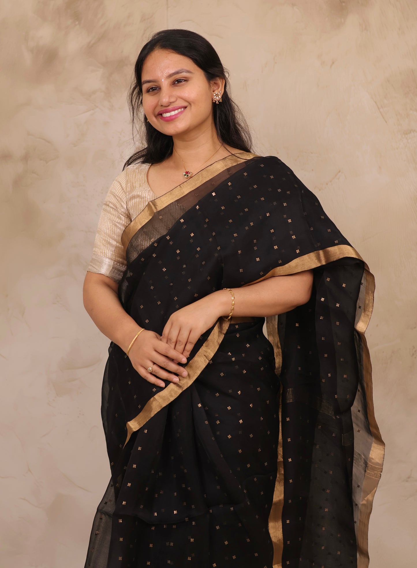 Black Handwoven Muslin Silk Saree With Sequence Work | Looms & Tassels