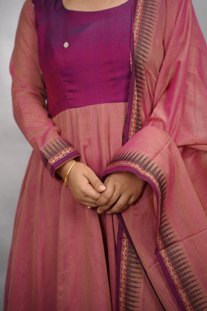 Duel shade Narayanpet Cotton Anarkali Dress with Narayanpet Dupatta | Looms & Tassels