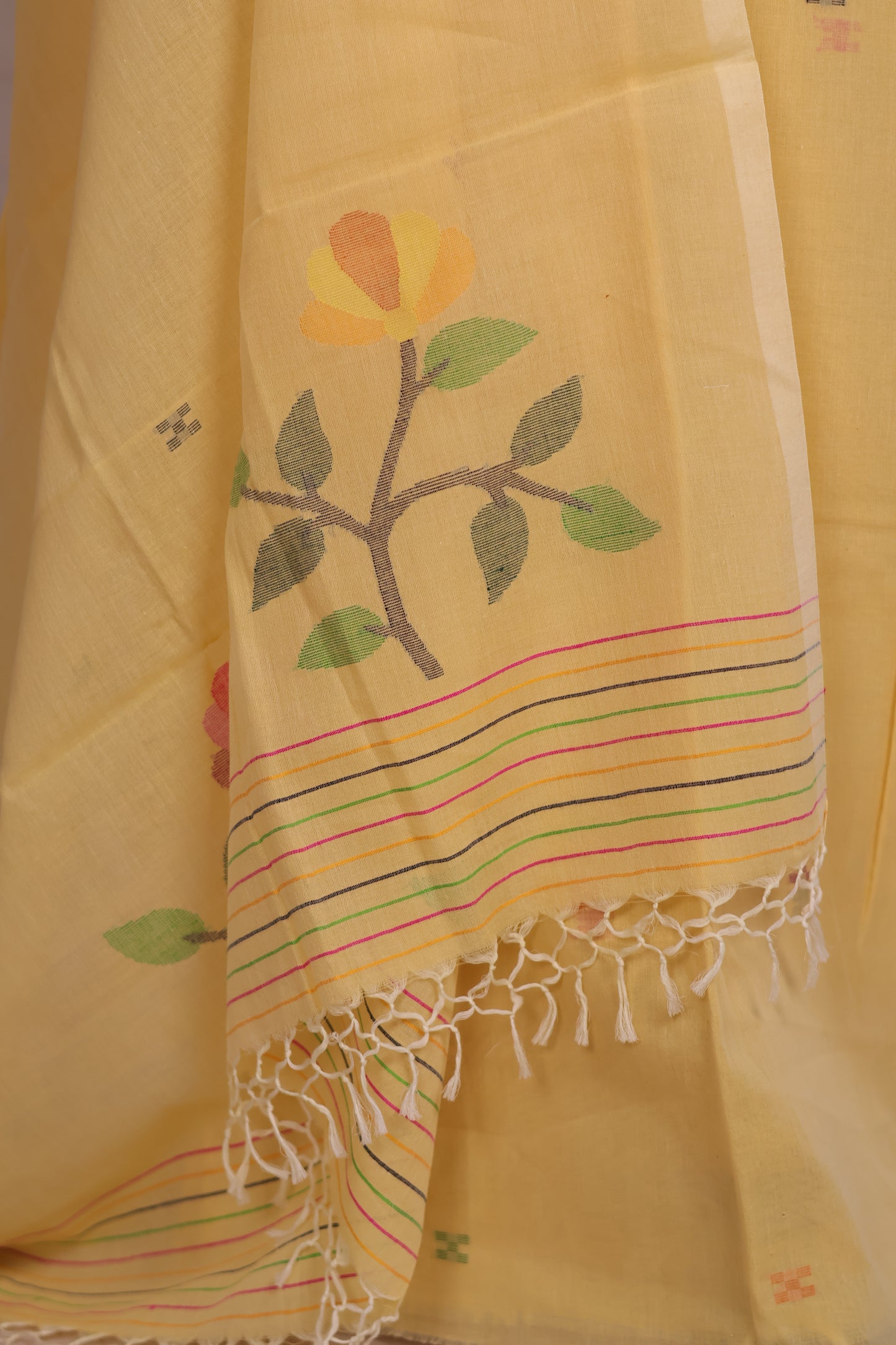 Pastel Yellow Handwoven Jamdhani weaving pure Malai cotton 2 piece suit sets | Looms & Tassels