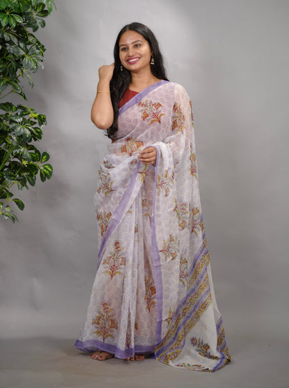 White & Lavender Hand Block Printed chiffon Saree| Looms & Tassels
