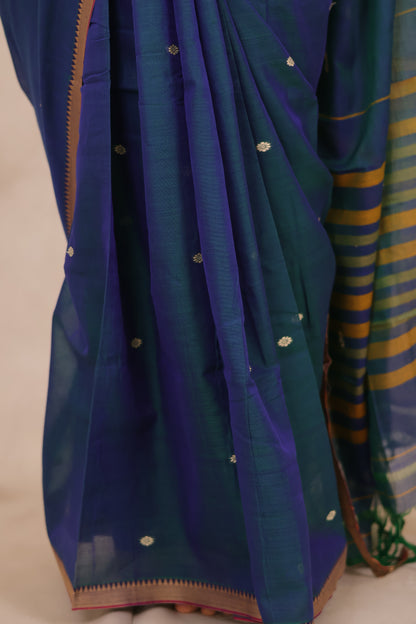 Peacock Blue Narayanpet Cotton Saree With Butta Weaving | Looms & Tassels