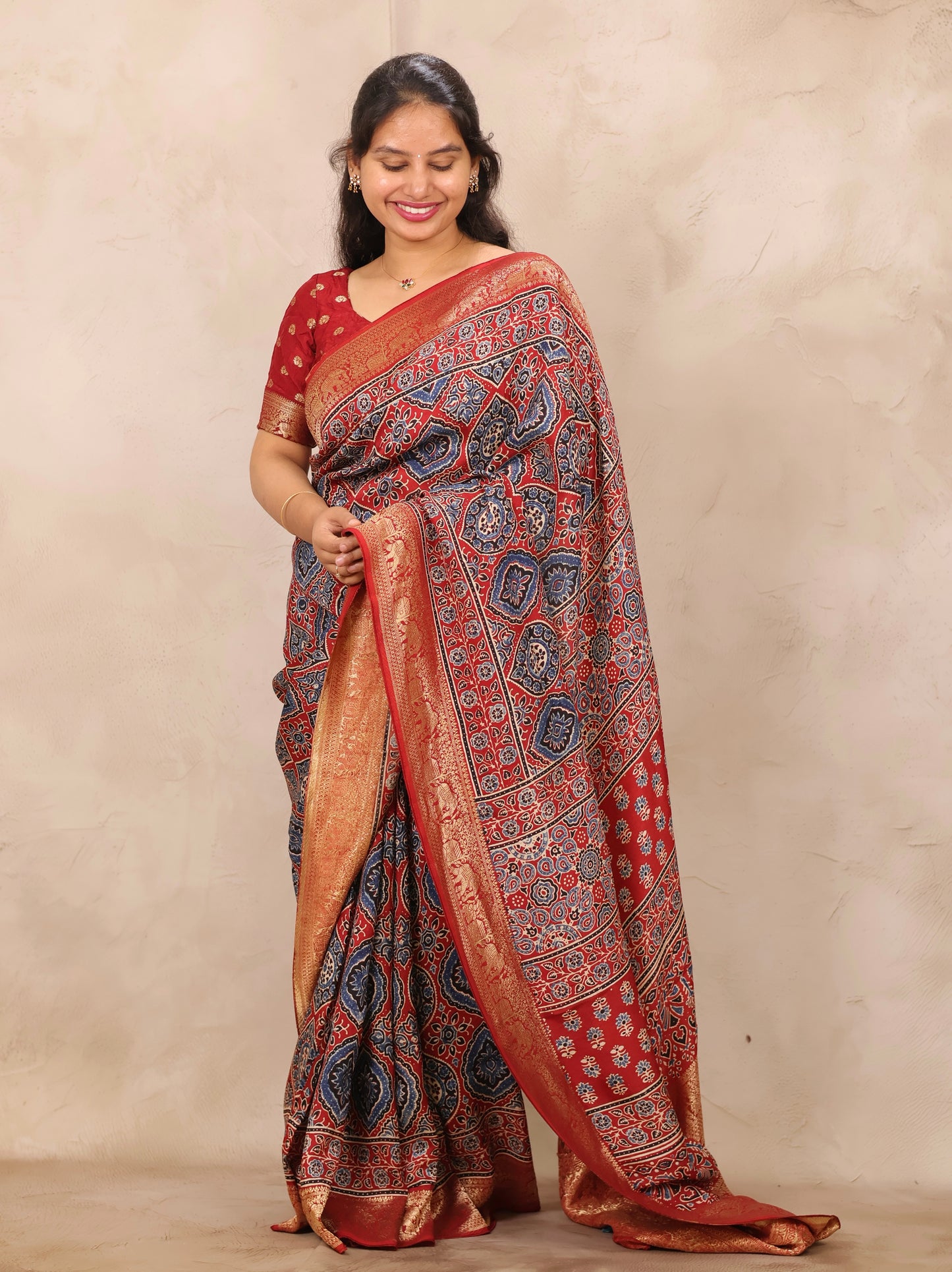 Red Badam Butta Ajrakh Handblock printed Dola Silk Saree | Looms & Tassels