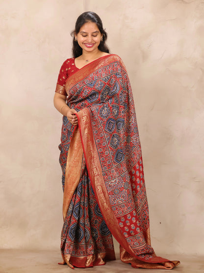 Red Badam Butta Ajrakh Handblock printed Dola Silk Saree | Looms & Tassels