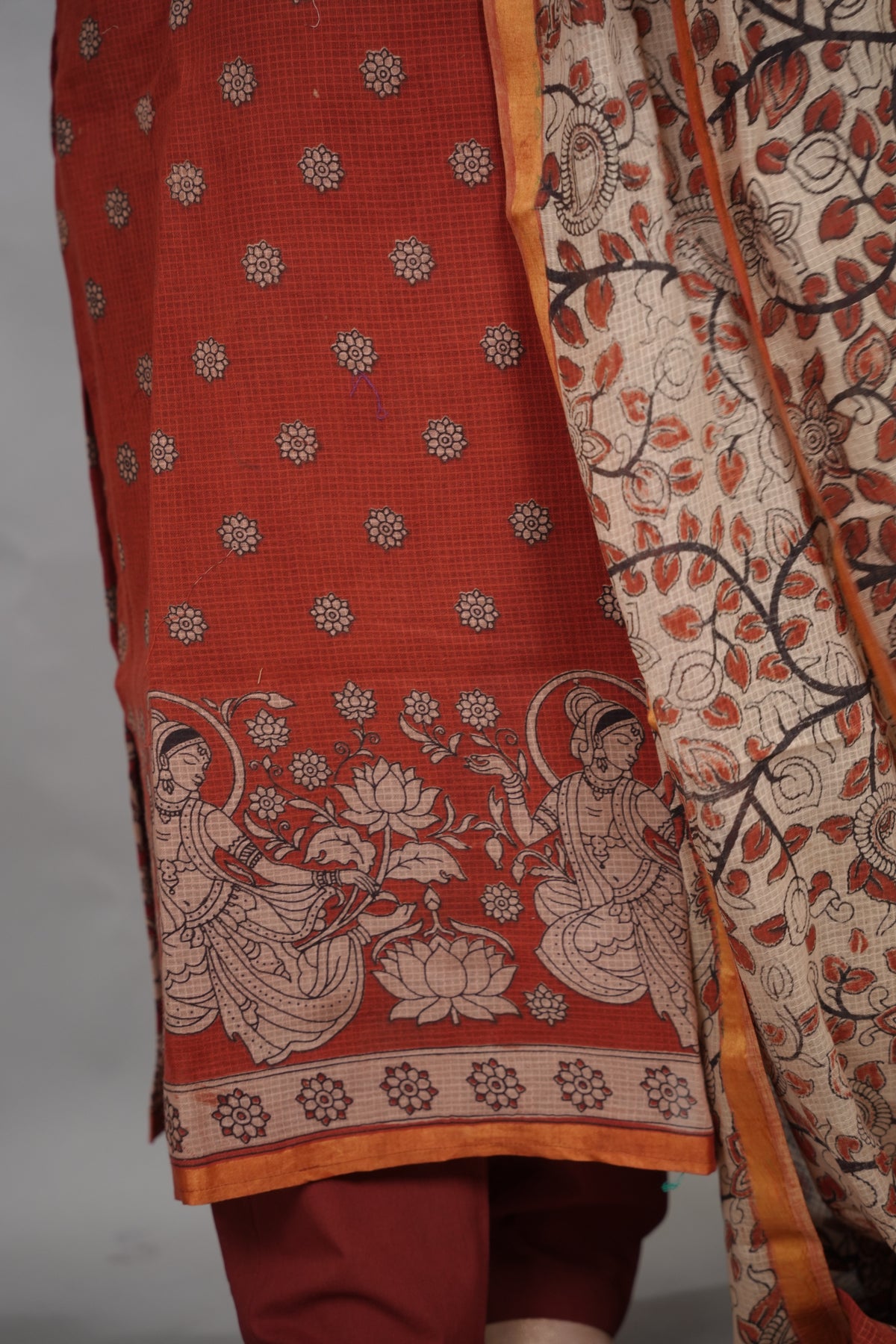 Maroon Kalamkari Kota Cotton 3 piece suit (stitched) | Looms & Tassels