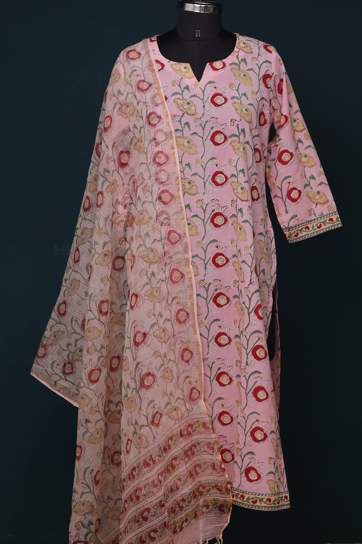 Pink Handblock printed Pure Mul Cotton with Kota Doria Duppata 3 piece suit (stitched)