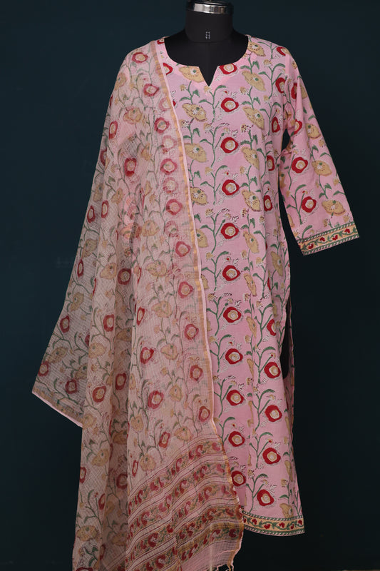 Pink Handblock printed Pure Mul Cotton with Kota Doria Duppata 3 piece suit (stitched)