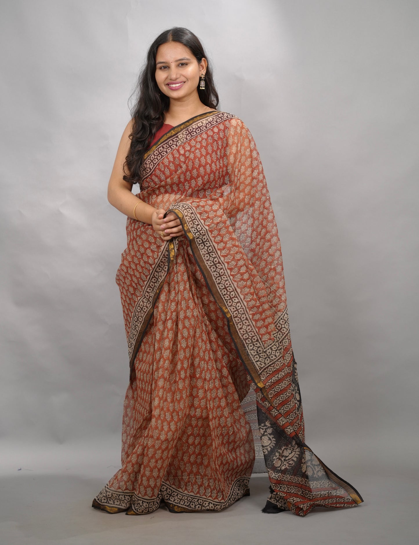 Maroon Pure Kota Doria Saree with Bagru Handblock Prints | Looms & Tassels