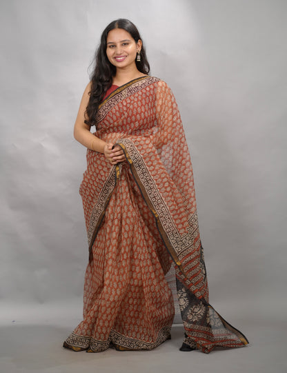 Maroon Pure Kota Doria Saree with Bagru Handblock Prints | Looms & Tassels