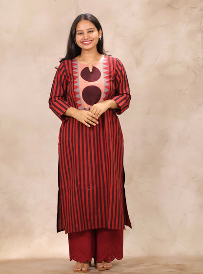 Red Contemporary Ajrakh Pattern Hand Block Cotton printed Kurti | Looms & Tassels